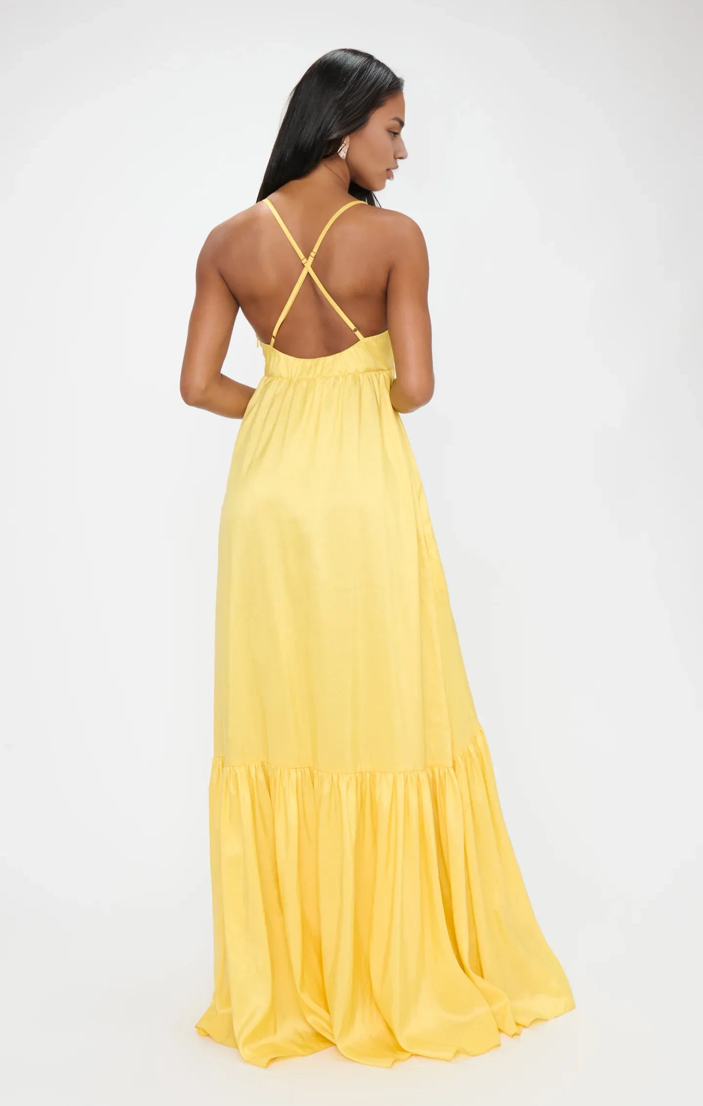 Weitese Dress Spaghetti Straps V Neck Yellow Maxi Dress Princess Satin Solid Color Crisscross Back Elegant Prom Dress